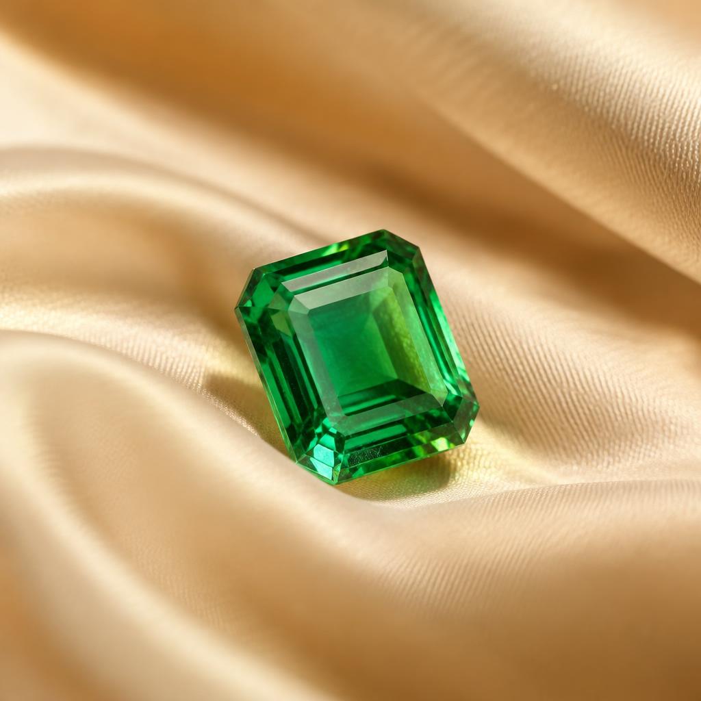 Loose vivid green emerald on ivory silk