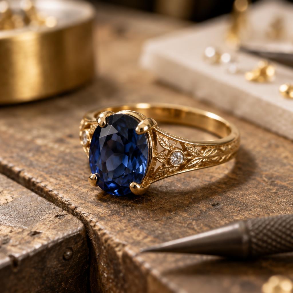 Handmade gold ring with a blue sapphire