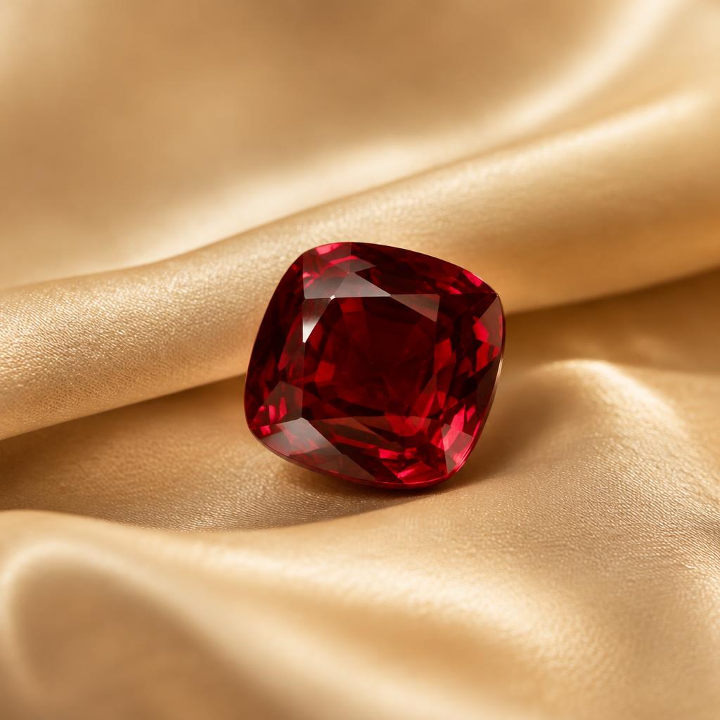 Loose deep red ruby on ivory silk