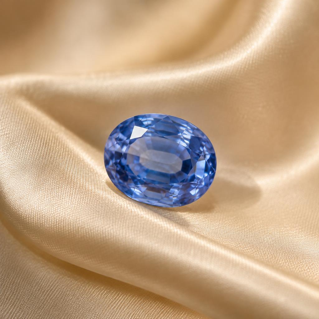 Loose cornflower blue sapphire on ivory silk